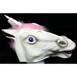 White Unicorn Horse Full Face Mask Cosplay Rubber Creepy Halloween Costume Pink